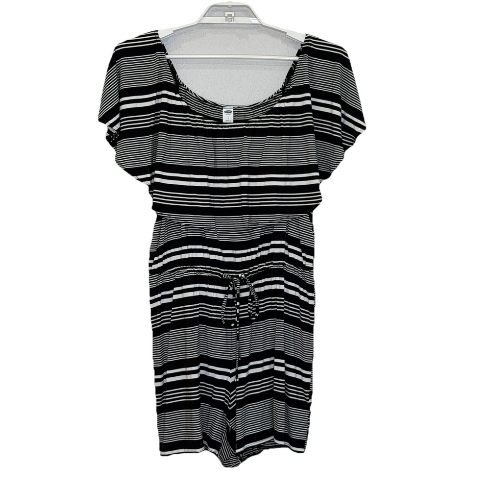 Old Navy Romper Shorts Size Large Black Stripe Flounce Short Sleeve Tie Waist